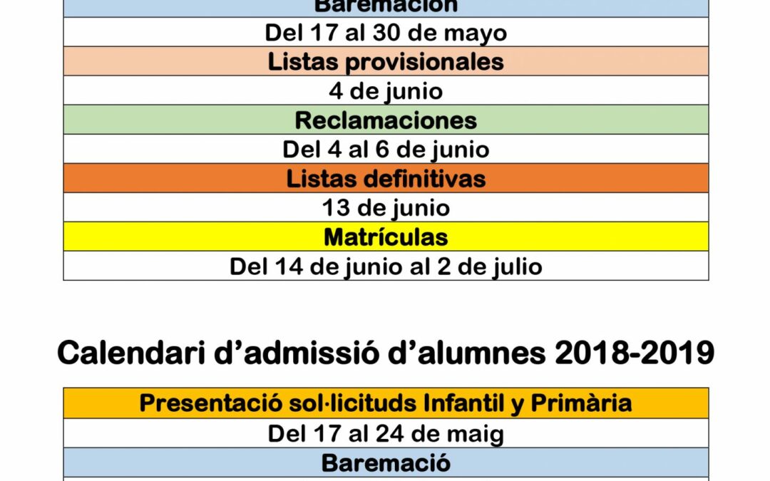 Calendario de admisión alumnos 2018-19 Infantil y primaria