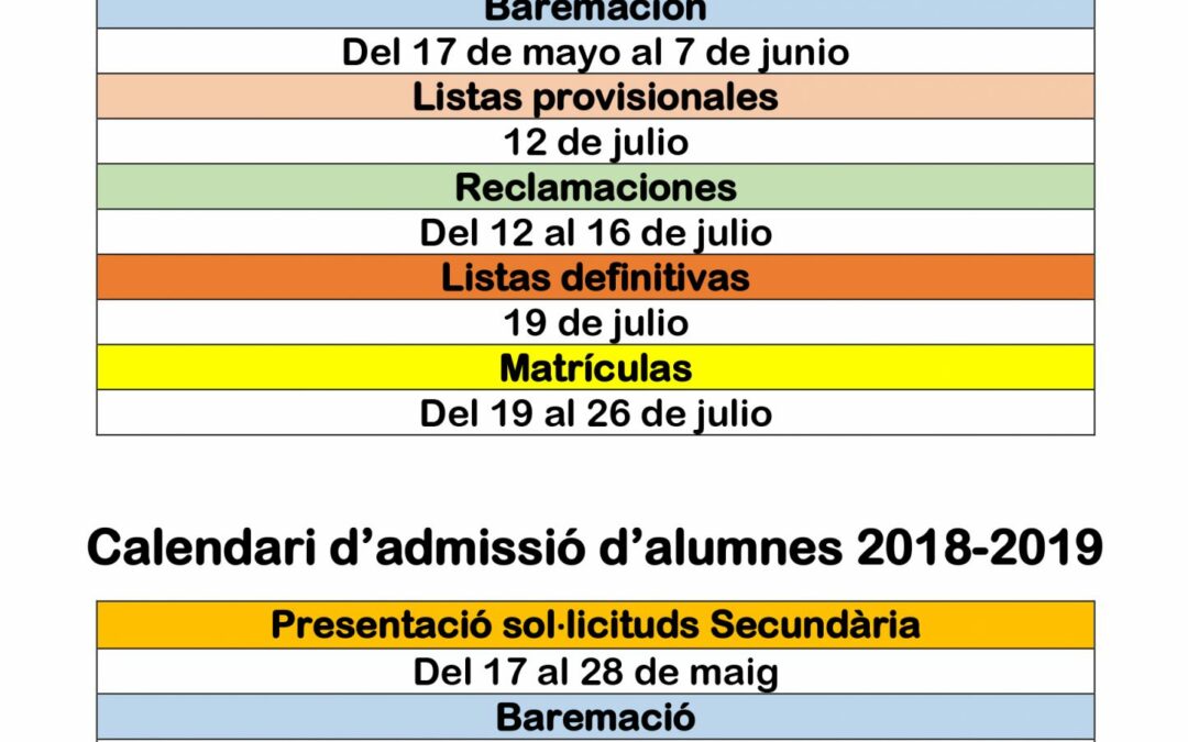 Calendario de admisión alumnos 2018-19 secundaria