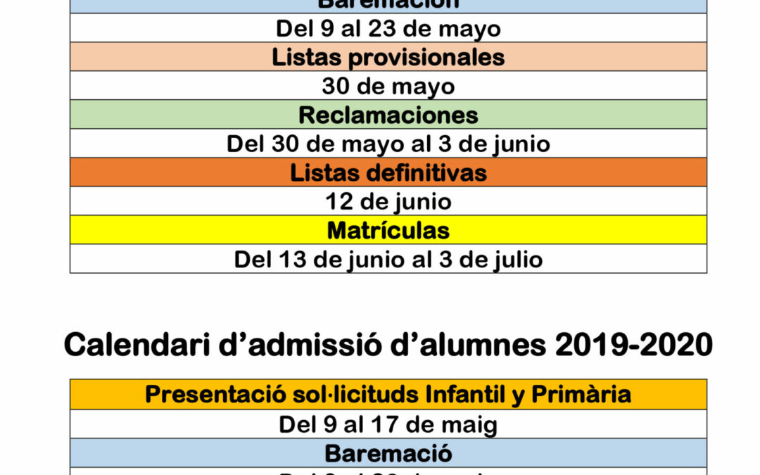 Calendario de admisión alumnos 2019-20 Infantil y primaria