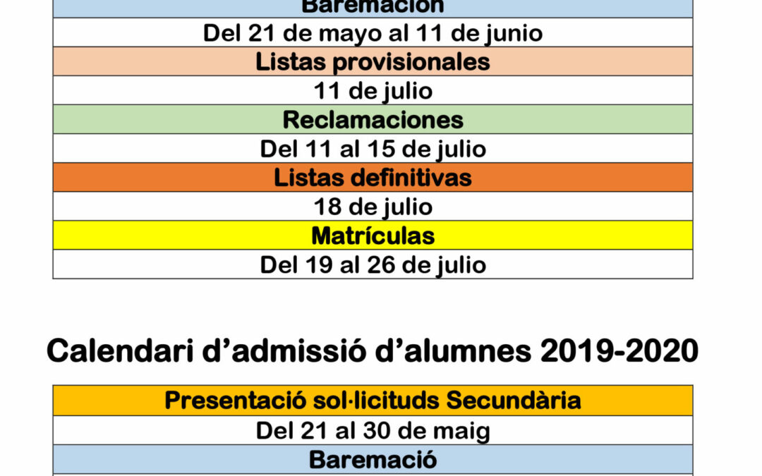Calendario de admisión alumnos 2019-20 secundaria